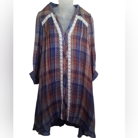 Holding Horses Anita Plaid Roll Sleeve Tunic Lace Trim Shirt Dress Small - Picture 1 of 6